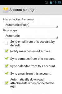 Account settings - Selecting sync settings