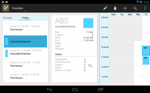 Timetable app showing action items of multiple fragments