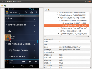 UI Automator Viewer displaying the hierarchy of the Play Music app